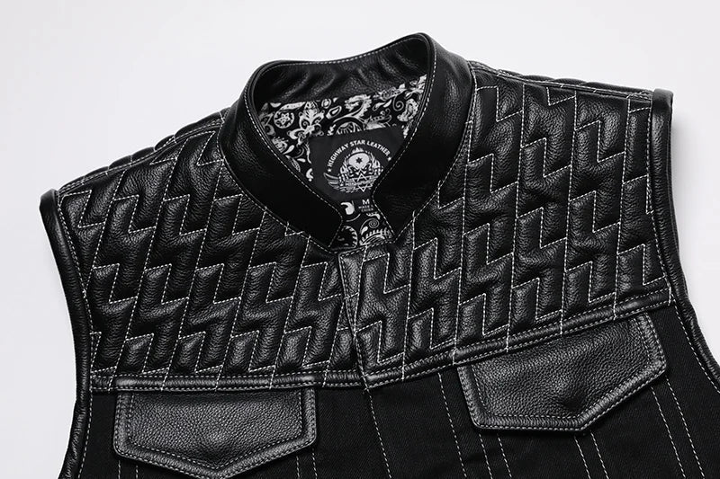 Soa Leather and Fabric Biker Vest Mens Motorcycle Riding Jacket