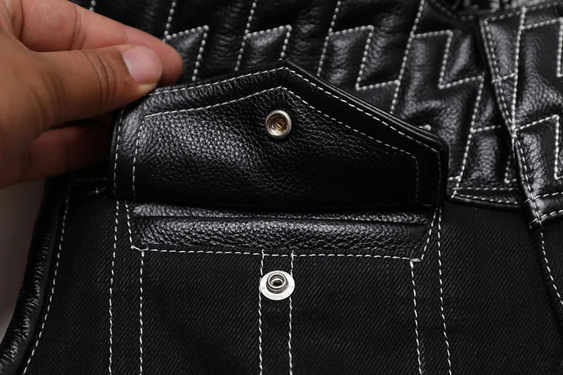 Soa Leather and Fabric Biker Vest Mens Motorcycle Riding Jacket