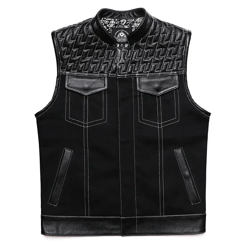 Soa Leather and Fabric Biker Vest Mens Motorcycle Riding Jacket