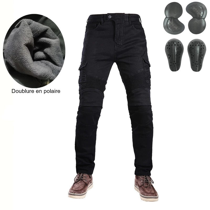 Black Motorcycle Jeans with Fleece Lining Thermal Biker Denim Pants