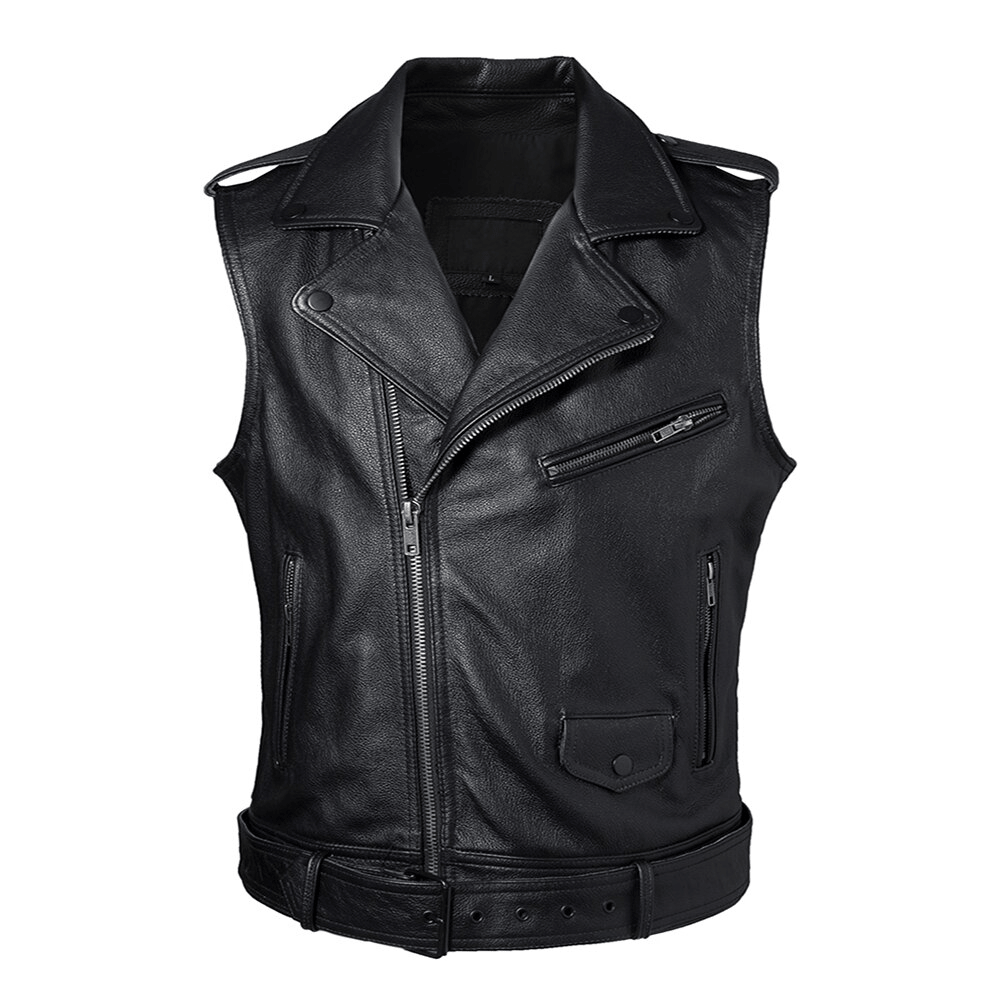 Thorir Mens Leather Biker Vest Motorcycle Jacket Slim Fit