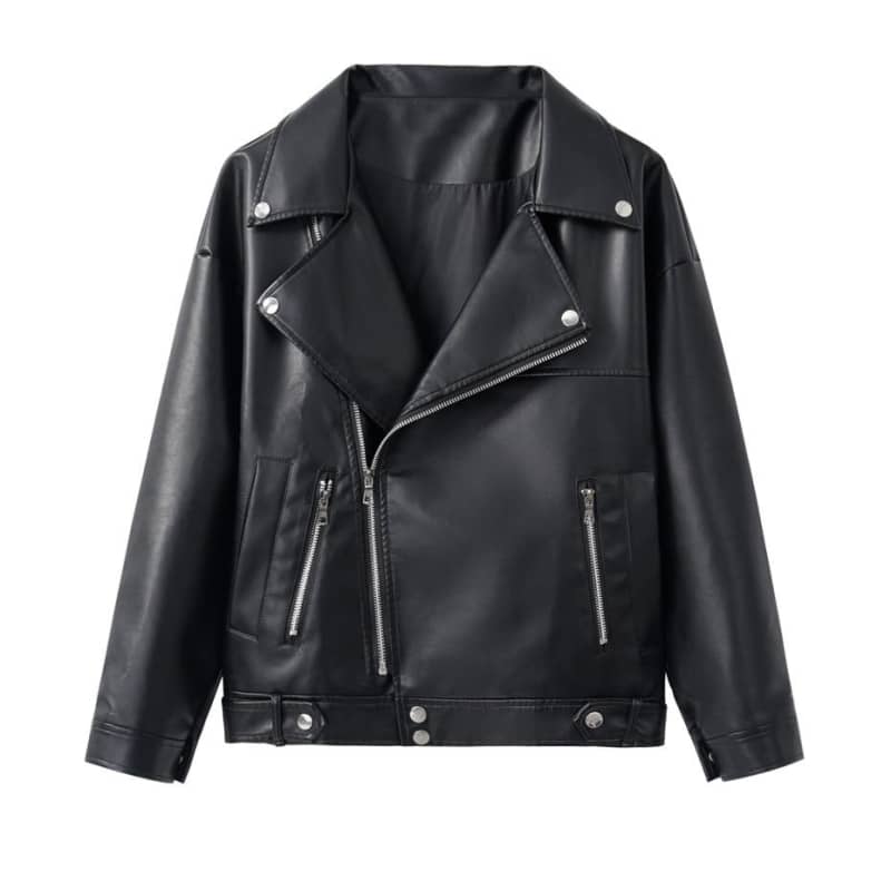 Womens Black Biker Jacket Leather Motorcycle Coat