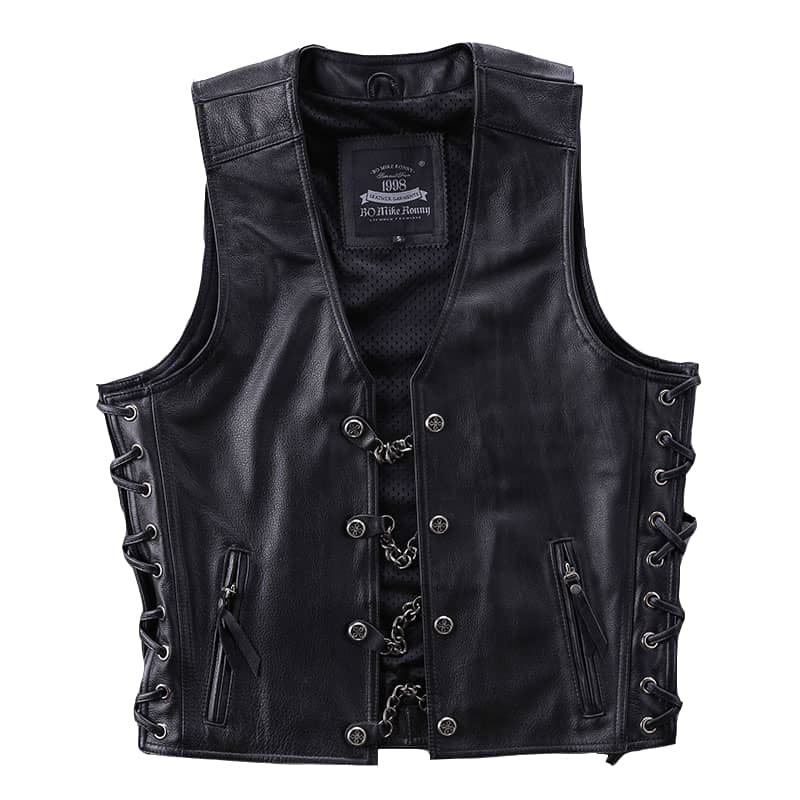 Leather Biker Vest with Chain Details