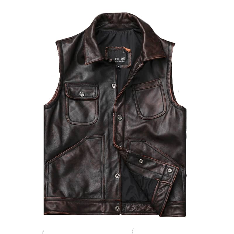Brown Leather Biker Vest Mens Motorcycle Jacket Sleeveless