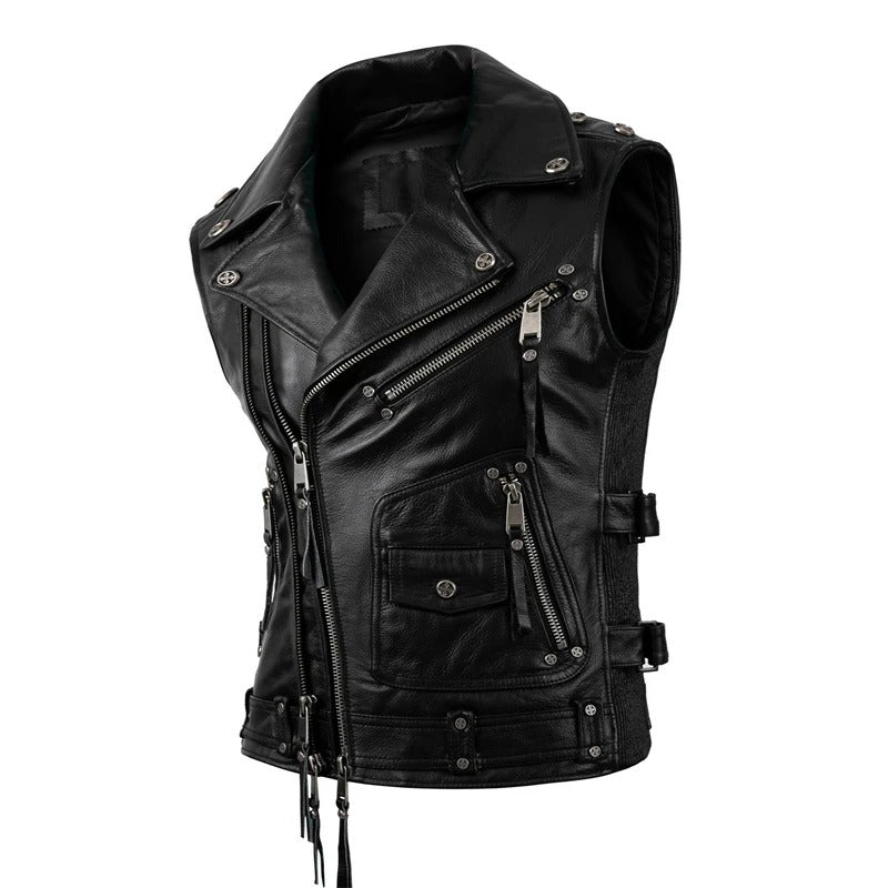 Mens Leather Biker Vest Ride Free Motorcycle Jacket Sleeveless
