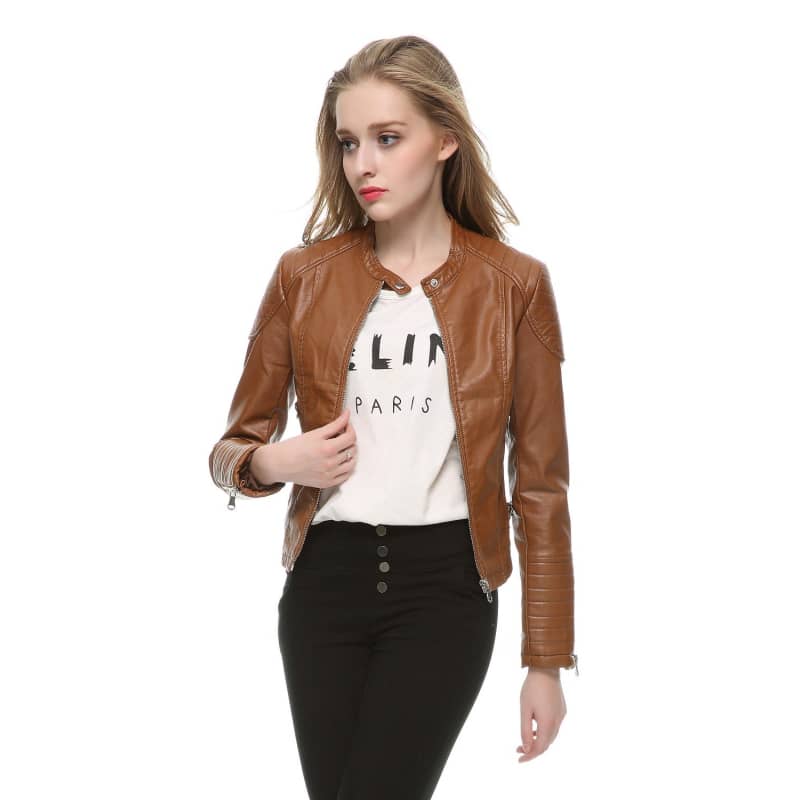 Womens Brown Moto Biker Jacket Leather Style