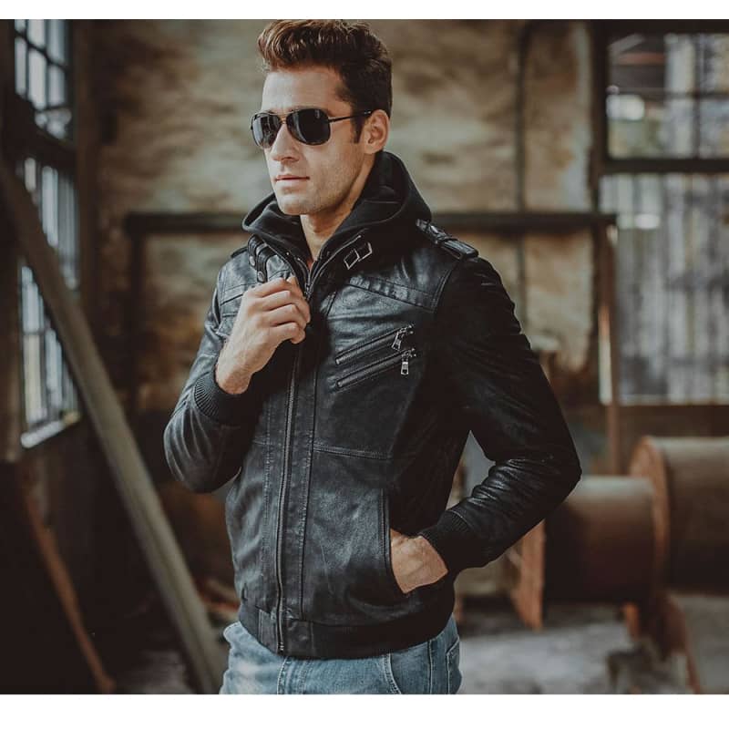 Mens Hooded Biker Jacket Lightweight Motorcycle Hoodie Outerwear