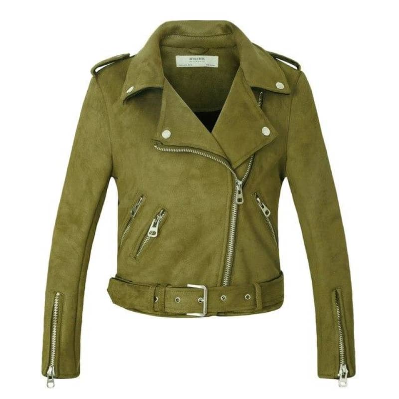 Womens Khaki Biker Jacket Leather Moto Coat