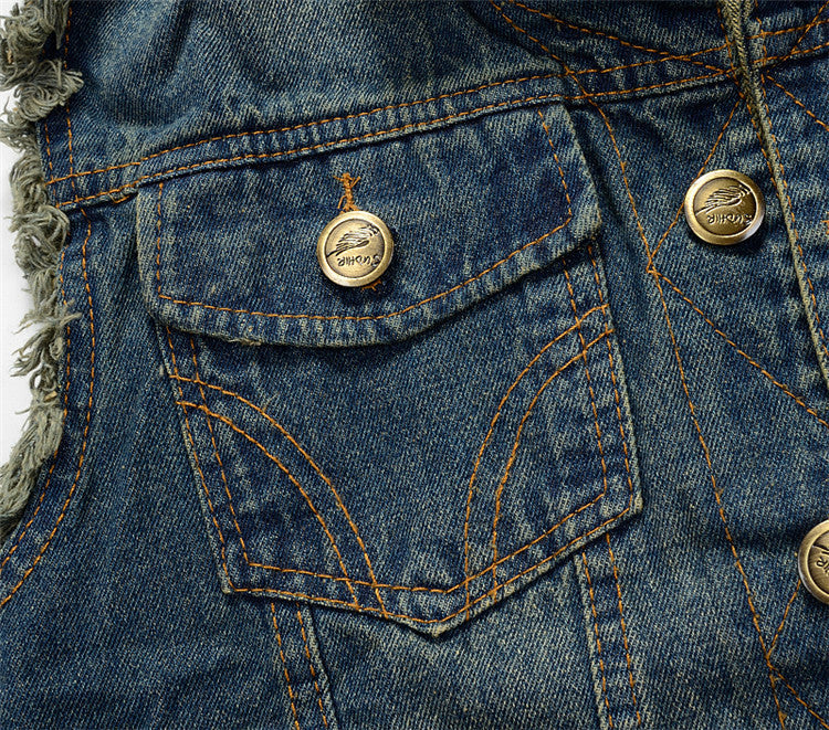 Ripped Denim Biker Vest for Men