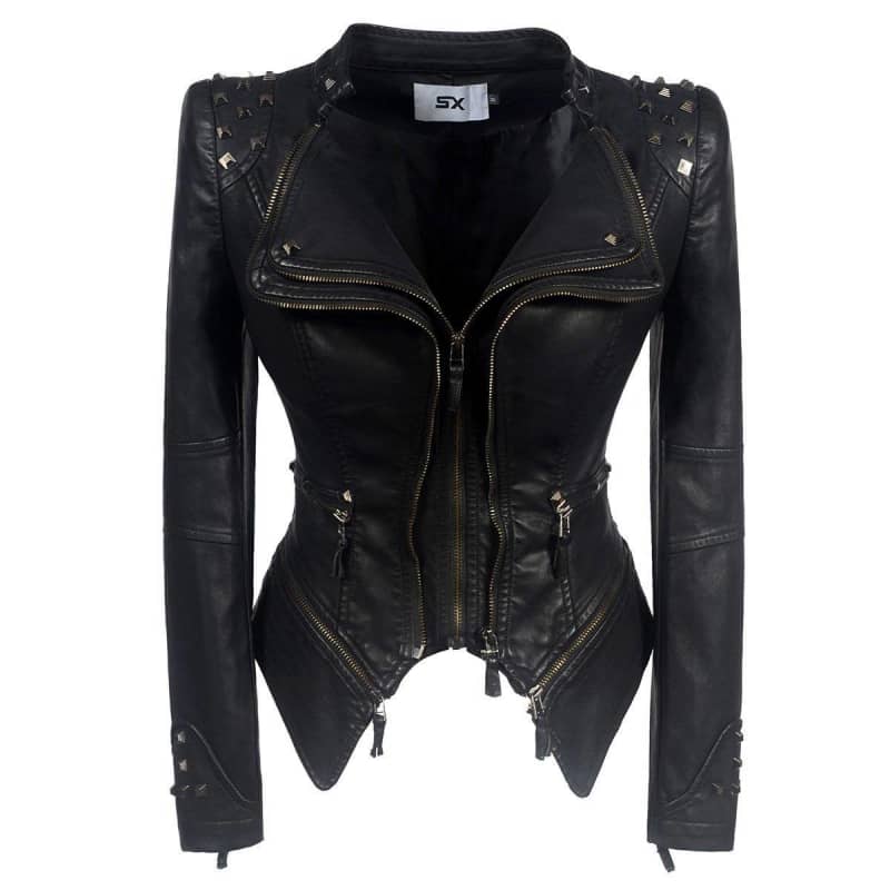 Womens Biker Style Moto Jacket Leather Look Motorcycle Coat