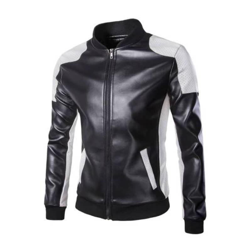 Mens Black and White Moto Biker Jacket