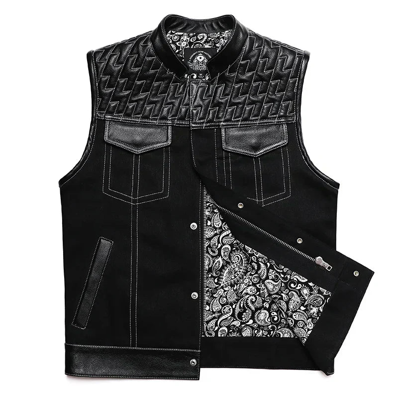 Soa Leather and Fabric Biker Vest Mens Motorcycle Riding Jacket