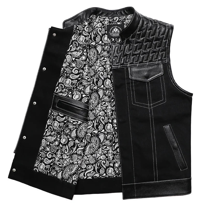 Soa Leather and Fabric Biker Vest Mens Motorcycle Riding Jacket
