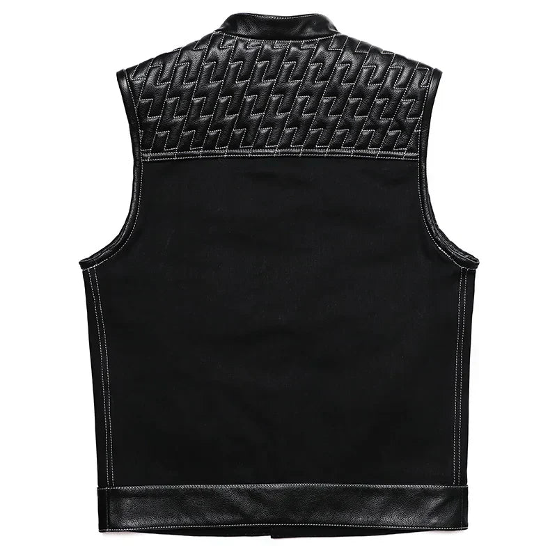 Soa Leather and Fabric Biker Vest Mens Motorcycle Riding Jacket