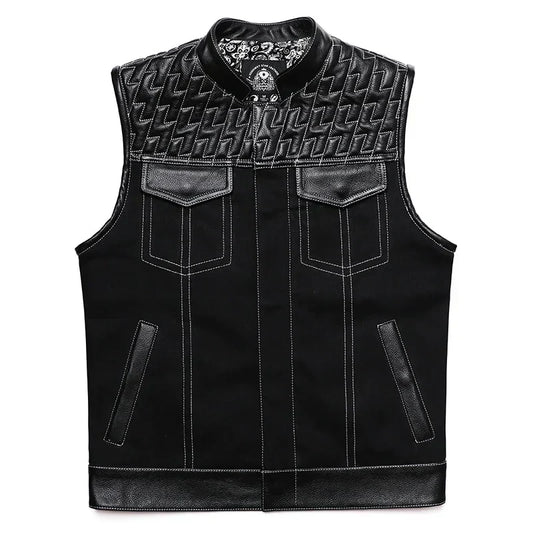 Soa Leather and Fabric Biker Vest Mens Motorcycle Riding Jacket