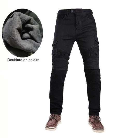 Black Motorcycle Jeans with Fleece Lining Thermal Biker Denim Pants