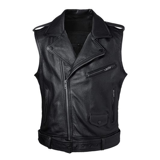 Thorir Mens Leather Biker Vest Motorcycle Jacket Slim Fit