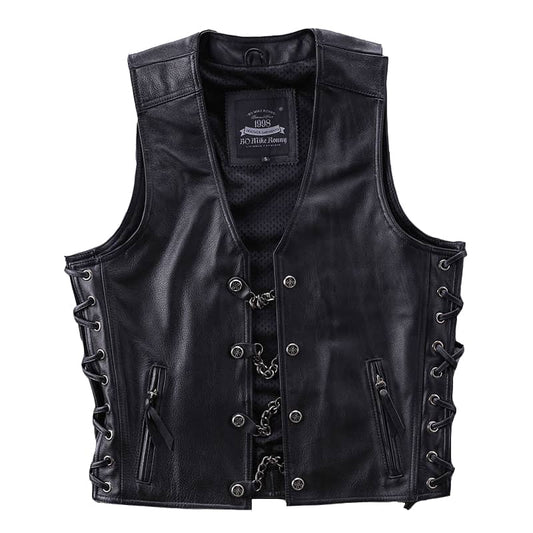 Leather Biker Vest with Chain Details