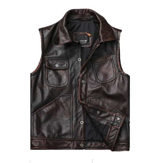 Brown Leather Biker Vest Mens Motorcycle Jacket Sleeveless