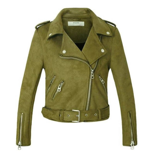 Womens Khaki Biker Jacket Leather Moto Coat