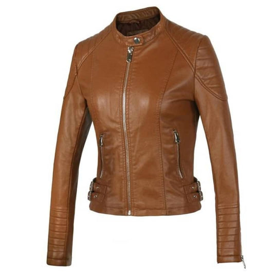 Womens Brown Moto Biker Jacket Leather Style