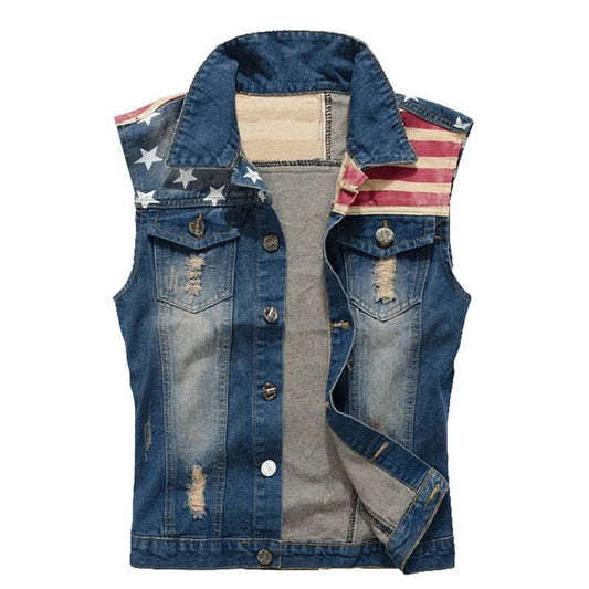 American Flag Biker Denim Vest Mens Motorcycle Jean Jacket