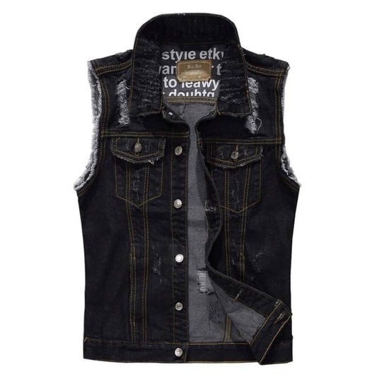 Ripped Denim Biker Vest for Men