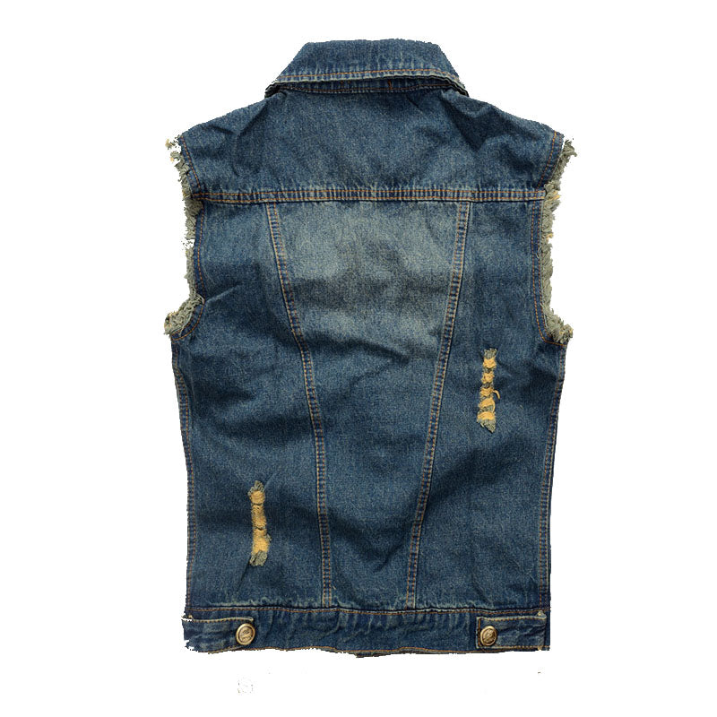 Ripped Denim Biker Vest for Men