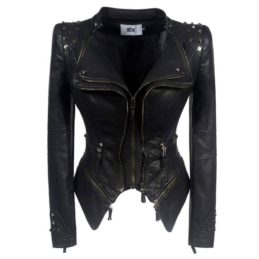 Womens Biker Style Moto Jacket Leather Look Motorcycle Coat