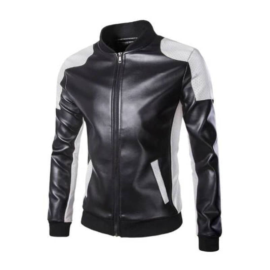 Mens Black and White Moto Biker Jacket